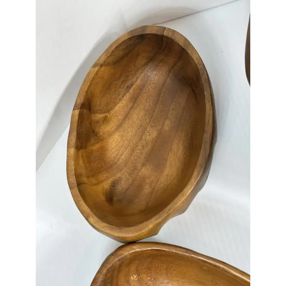 Vintage Wavy Oval Real Teak Wood Salad‎ Bowl Set Gorgeous Wood Grain 9 Niece
